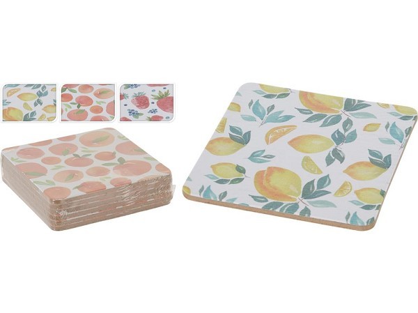 Onderzetters kurk met zomerse fruiotprint set a 6 stuks ( per 1 verpakking )