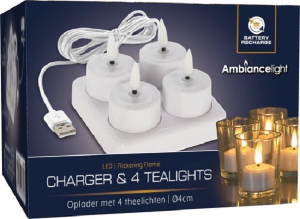 Oplader met 4 LED theelichten voor usb lader