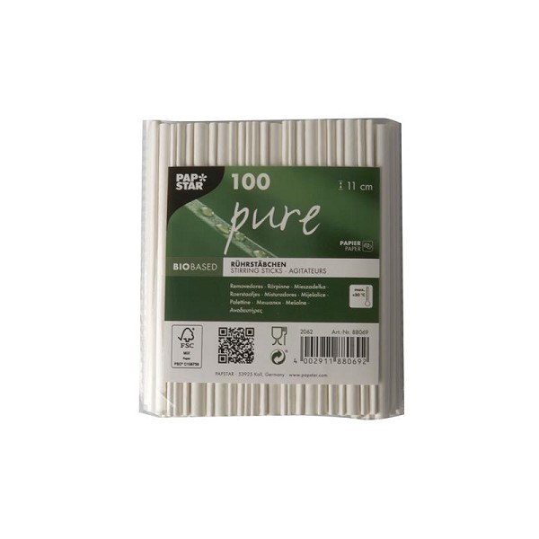 Papstar 100 Roerstaafjes papier "pure" 11cm wit