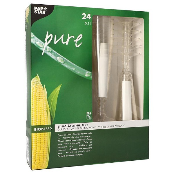 Papstar 24 glazen voor mousserende wijn "pure" 100ml Ø5,5x16,5cm glashelder gemaakt van Recyclebaar PLA plantaardige bioplastic