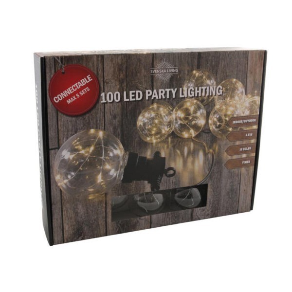 Partylights LED 10 bollen warm wit voor binnen en buiten gebruik,IIP44, snoer lengte 450cm, met timer, verlengbaar