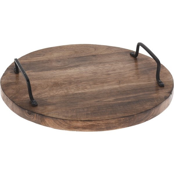 Snijplank Rond Mangohout 30cm Hoogte 6cm met metalen grepen