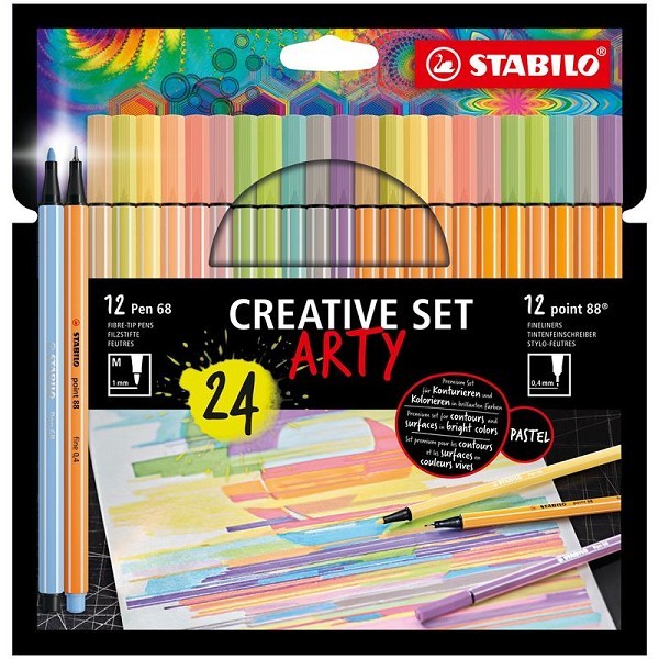 Stabilo Arty Creative set Pen 68/Point 88 etui a 24 kleuren, 12 viltstiften en 12 fineliners