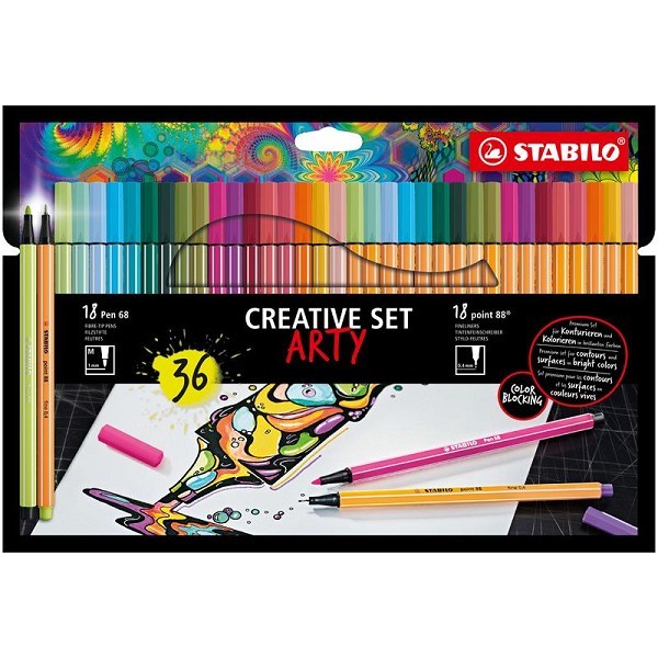 Stabilo Arty Creative set Pen 68/Point 88 etui a 36 kleuren, 18 viltstiften en 18 fineliners