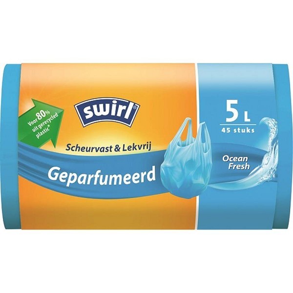 Swirl Pedaalemmerzak geparfumeerd met handvat 5 liter rol a 45 zakken voor 80% uit gerecycled plastic