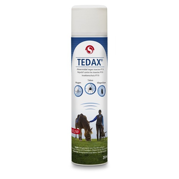 Tedax afweermiddel spray tegen insecten zoals muggen, steekvliegen, dazen en teken geschikt voor op de huid ook voor paarden en