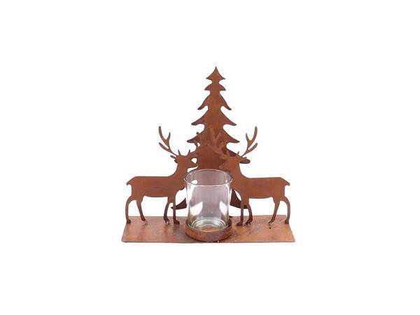 Theelichthouder Forest Silva metaal 20x7xh19cm Rusty met hert en kerstboom