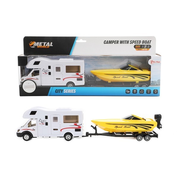 Toi Toys Camper pull back +speedboot+aanhanger 1:48