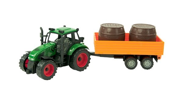 Tractor frictie met aanhanger met balen 37cm. Rood of groen. In vensterdoos.