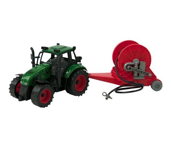 Tractor frictie met haspelaanhanger 37cm. Rood of groen. In Vensterdoos