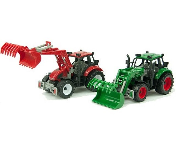 Tractor frictie met voorlader 24cm. Rood of groen. In Vensterdoos