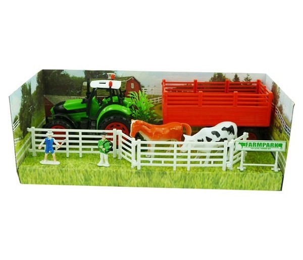 Tractor pull-back met aanhanger, accessoires en dieren