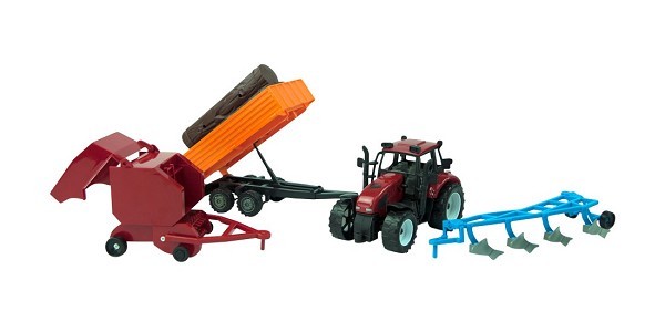 Tractor set frictie met ploeg, stammen- en balenaanhangers 37cm. Rood of groen. In Vensterdoos