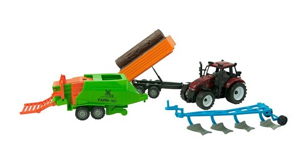 Tractor set met ploeg, balenmaker en stammenaanhangers 37cm