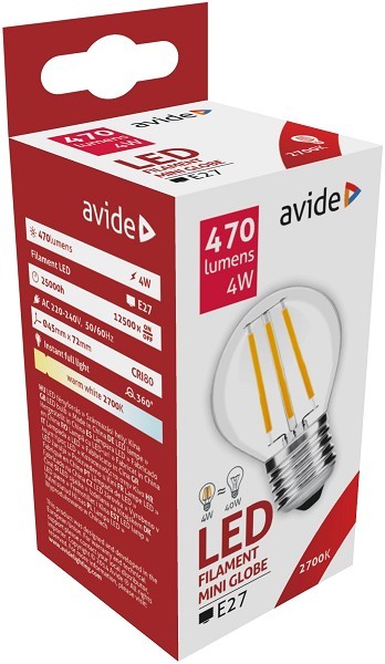 Avide LED Filament Mini Globe 4W E27 360° warmwit 2700K (470 lumen)ABLFMG27WW-4W