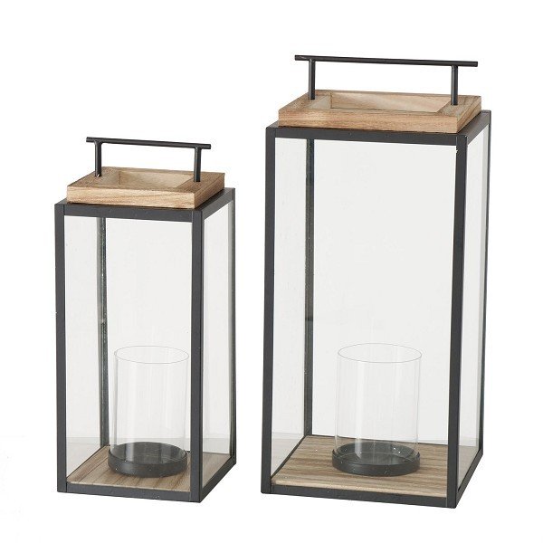 Boltze Home Lantaarn Damiano set a 2 stuks hout, metaal en glas H35cm en H45cm