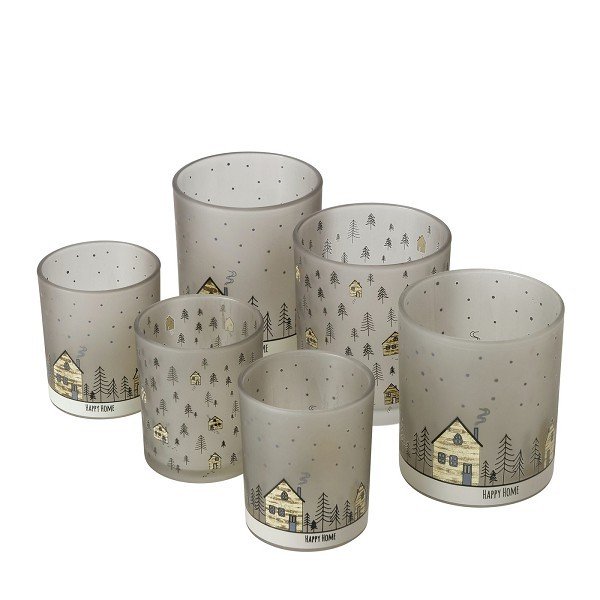 Boltze Home Theelichthouder glas Homewood set a 2 stuks met afbeelding van huisjes- H8,5cm Dia 7cm en H10cm Dia 9cm