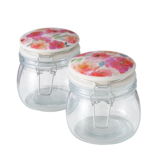 Boltze Home Voorraadpot glas Karella met deksel keramiek met daarop afbeelding van bloemen- 450ml - H11cm- Dia 11cm