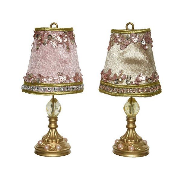 Decoris Kerst Ornament Schemerlamp kunststof en velvet 2 assorti kleuren goud/roze