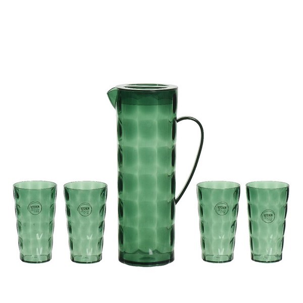 Decoris Schenkkan met glazen 5 delig set kunststof 1700ml 16x10x28,7cm groen