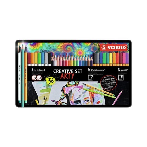 Stabilo Arty Creative set metalen etui 36 kleuren (8x pen 68, 16x potloden, 12x point 88)