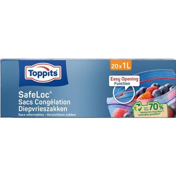 Toppits Diepvrieszakken 1 liter Safeloc met dubbele Zip-sluiting, pak a 20 stuks